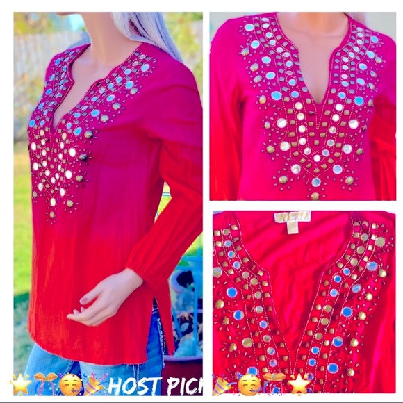 🎉HP MICHAEL KORS Retro Tie-die Ombré BoHo Gypsie Chic Beaded Mirrored Blouse - Picture 3 of 15